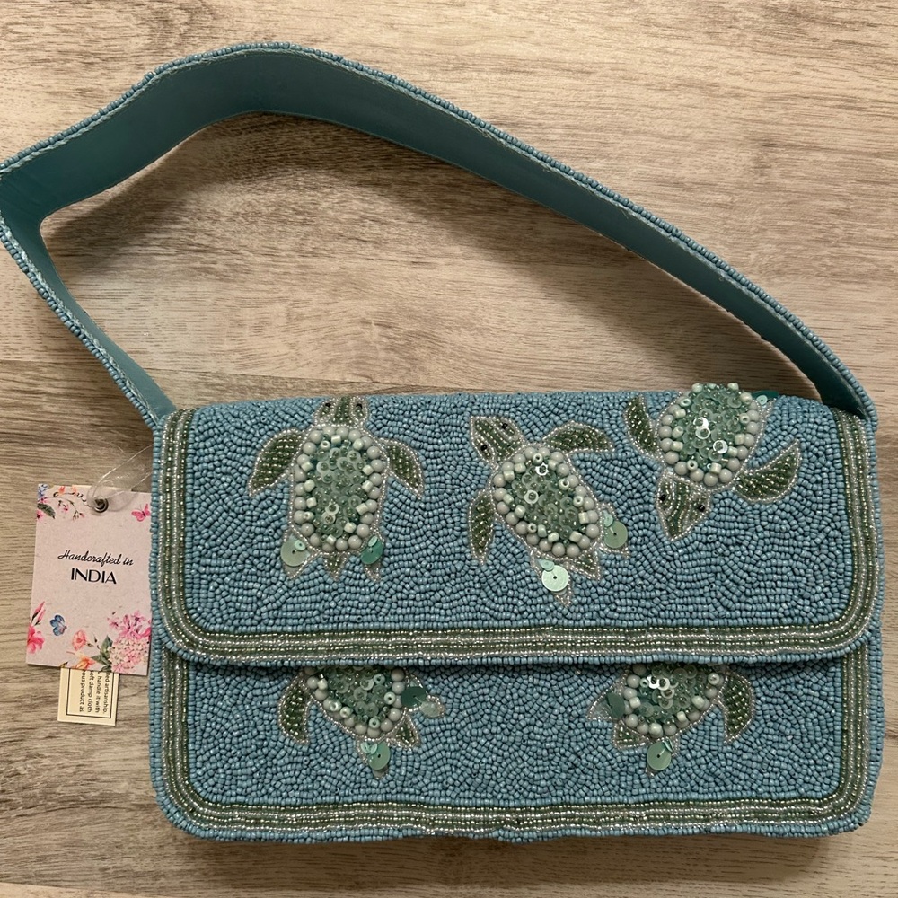 Handcrafted Beaded Turtle Design Bag - Blue
